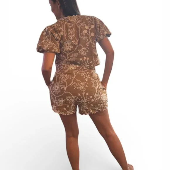Boho Embroidered Two-Piece SetCrop Top & ShortsNeutral Floral Matching Set